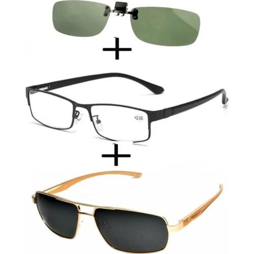 3Pcs!!!rectangular Metal Black Business Reading Glasses for Men Women + Polarized Sunglasses Sports Metal + Sunglasses Clip