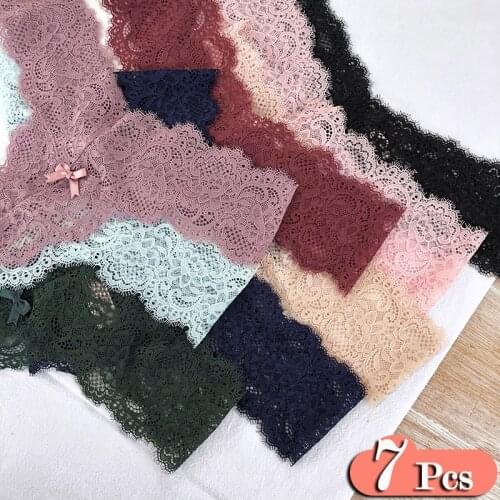 7Pcs/LotFrench Sexy Lace Underwear Womens Low Waist Thin Hollow Out Panties Sex String Temptation Bow Seamless Briefs Set