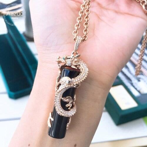 Aazuo Real 18K Rose Gold Real Diamonds Natural Black Agate Dragon Cylinder Shape Pendent With Chain gifted for Man Fine Jewelry
