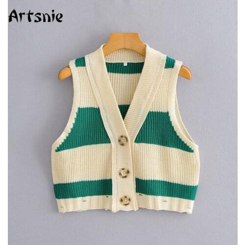 Artsnie Vintage Patchwork Sweater Vest Women Summer 2021 V Neck Sleeveless Pull Femme Khaki Casual Cropped Cardigans Vest Jumper
