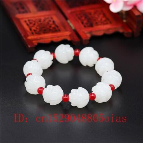 White Chinese Jade Emerald Lotus Beads Bracelet Charm Jadeite Jewellery Fashion Accessories Carved Amulet Gifts for Her Women