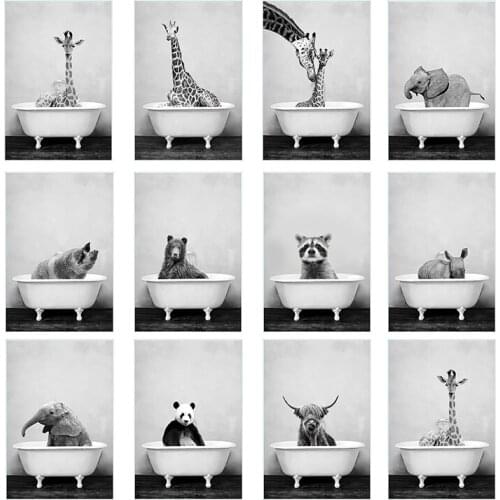 Black and White Animal Elephant Lion Panda Giraffe Bathroom Bathtub Wall Art Decoration Poster Canvas Print Kindergarten Picture