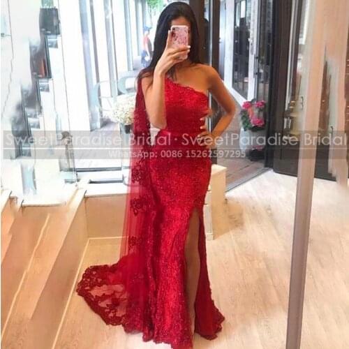 Fashion Streamer Red Lace Bridesmaid Dresses Mermaid Long One Shoulder Side Split Women Wedding Party Dress Formal