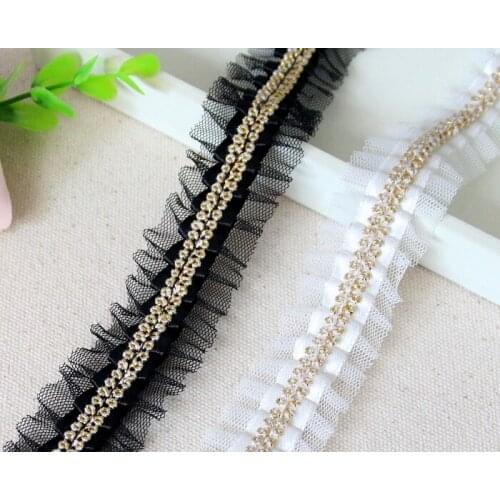 10Meter/lot Black White Pleated Gold Line Lace Trim Decoration Clothes Accessories 3cm Lace Fabric