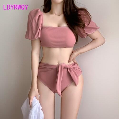 LDYRWQY 2021 Korean version of the new pink puff sleeve lace-up bow high waist bikini swimsuit two-piece suit