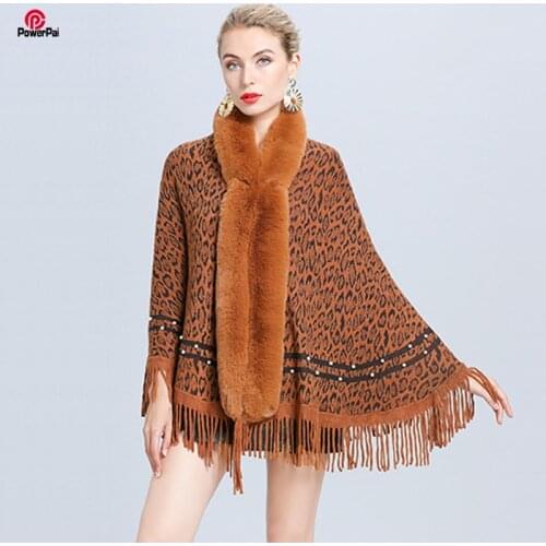 Fashion Tassels Beading Fuax Fur Shawl Wraps Jacquard Leopard Knit Cashmere Cape Tippet Women Winter Pashmina