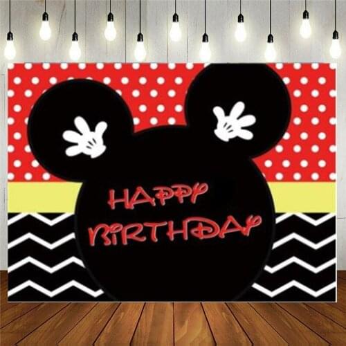 Cartoon Mouse Happy Birthday Party Backdrop Polka Dots Red Black Stripe Princess Kids Photography Background Celebration Banner