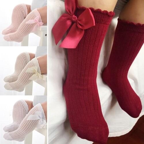 Spring and Autumn Socks Bowknot Mesh Newborn Baby Girl Christmas Child Winter Anti-slip Terry Cotton Cramp Princess Knee Length
