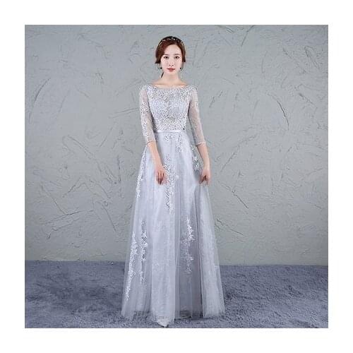 2019 New Banquet Evening Dress Silver Grey Long Brides Party Dress Illusion O-neck Half Sleeve Prom Dresses Robe De Mariage