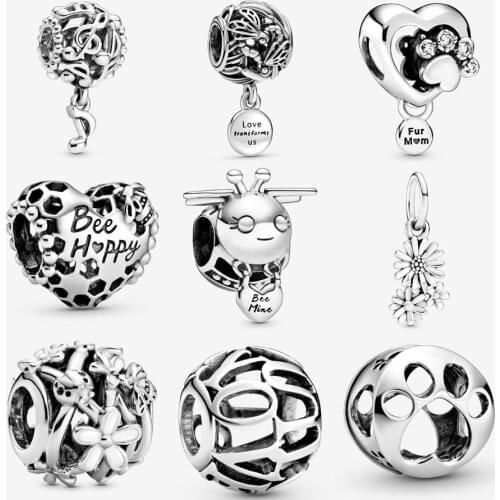 New 925 Sterling Silver Sparkling Paw Print Heart Charm Fit pandora bracelet Openwork White Daisy Flower Charm Bead DIY jewelry