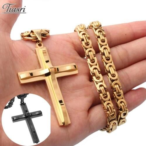 Tiasri Hip-Hop Punk Style Jewelry Cross Pendant Necklace Men Women 6mm Byzantine Choker Stainless Steel Accessories Wholesale