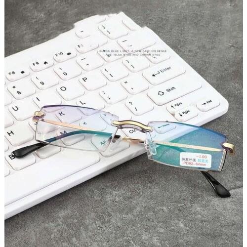 Rectangle Rimless Metal Anti Blue Light Ray Blocking Myopic Glasses for the Myopia Women Female