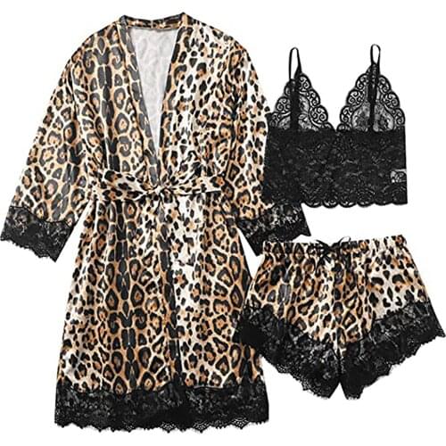 Leopard Print Pajamas Set Plus Size Sexy Lingerie Women Silk Stripe Robe Satin Bathrobe Sleepwear Pajamas Komplet Pizamy#L