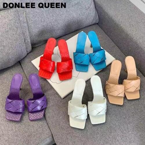 Fashion Square Toe High Heel Slippers Women Elegant Weave Mule For Party Shoes Thin Heel Slides Outdoor Slippers Women Flip Flop