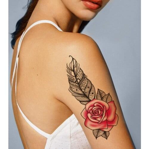 Black Feather Flowers Leaves Totem Women Arm Tattoos Stickers Fake Waterproof Watercolor Rose Tatto Temporary Body Legs Tatoos