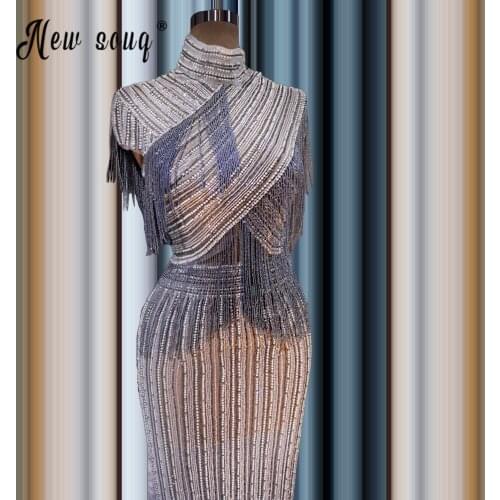 Robe De Soiree High Neck Evening Dress 2021 Tassels Beaded Crystal Dinner Gowns Haute Couture Celebrity Dresses Dubai