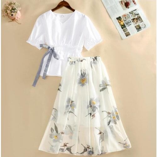 Mujer White Shirts V-Neck Puff Sleeve Outfits Summer Lady Slim Ruched Shirring Waist Empire Floral A-Line Long Skirt Suits Saia