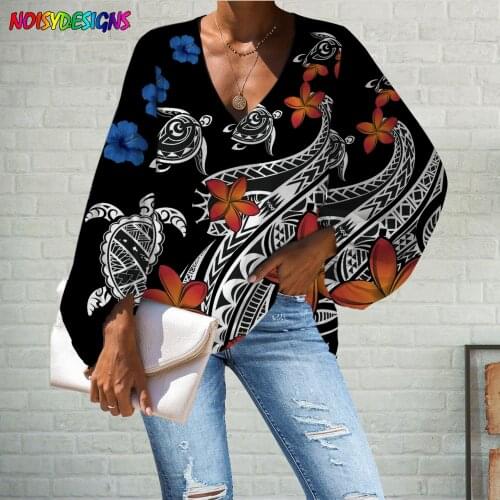 NOISYDESIGNS Large Size Blouse Polynesian Hibiscus Turtle Print Blouse 2021 Casual Loose Long Sleeve Shirt Tops Plus Size V-neck