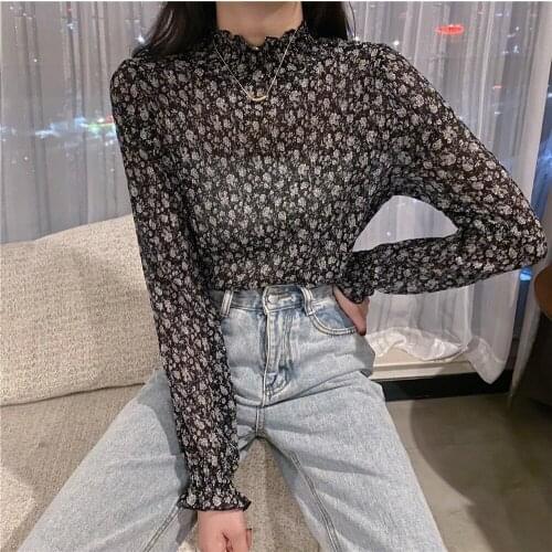 Floral half high collar bottoming shirt for women in spring and autumn with a western style t-shirt new Korean long sleeves