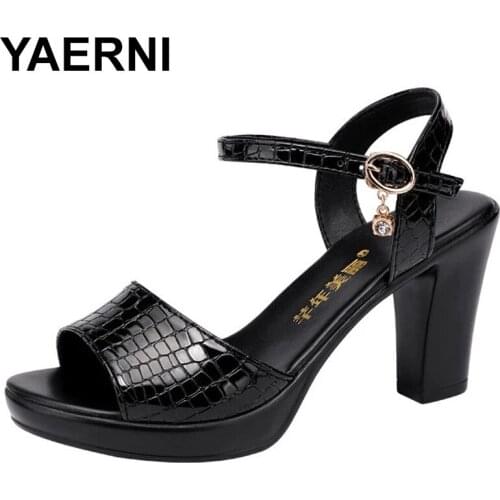 YAERNI New Fashion 2021 Women Sandals Big Size Red Patent Leather Shoes Block Heels Summer Sandals Open Toe for Ladies Office
