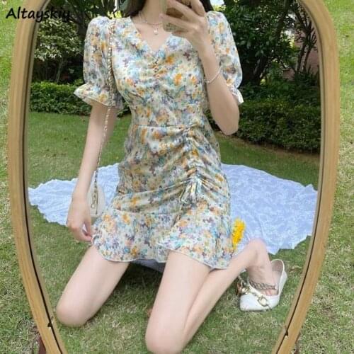 Short Sleeve Dress Women Summer Holiday All-match Fashion Elegant Floral Girls Cute Sundress Mini V-neck Leisure Puff-sleeve New