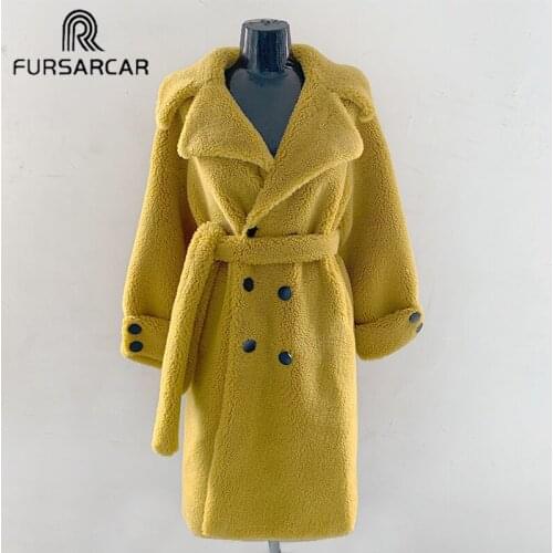 FURSARCAR Yellow Long Coats Fleece Jackets Winter Warm Teddy Coat Cardigan Office Lady Sexy Women Wool Blends Overcoat Plus Size