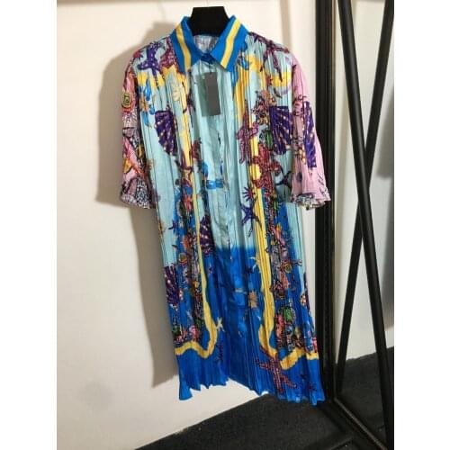 Summer 2021 Fashion womens High quality print lapel short sleeves pleated dress C163