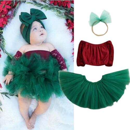 0-18M Newborn Infant Baby Girl Christmas Clothes Cute Fashion Off Shoulder Top+Lace Tutu Skirt Headband 3pcs Xmas Party Outfits