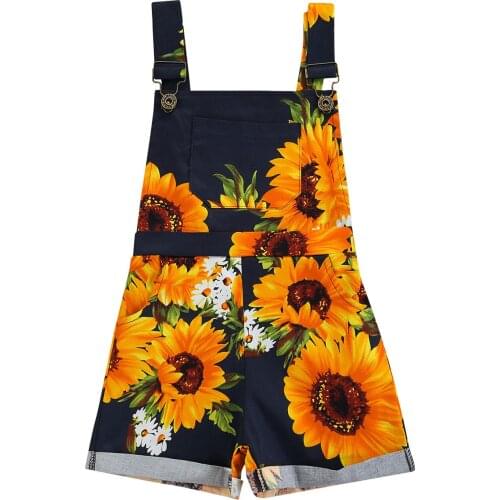 2021 2-7Y Summer Infant Baby Girl Playsuit Overalls Sunflower Print Square Collar Sleeveless Backless Romper With Pocket
