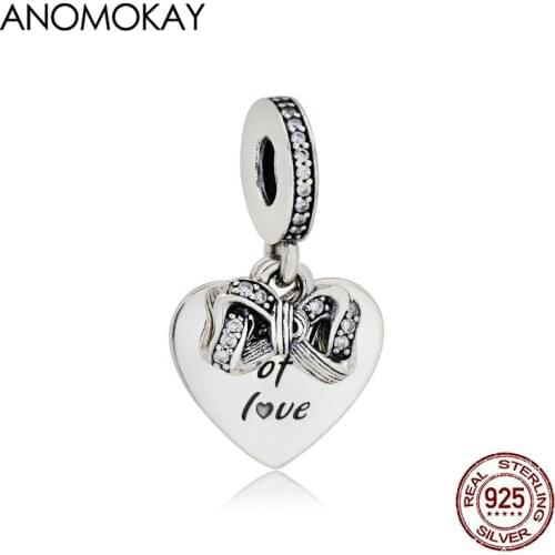 Anomokay Romantic Bow Heart Silver Pendant Charm for DIY Bracelet Necklace The Gift of Love Letter 925 Silver Beads Pendant