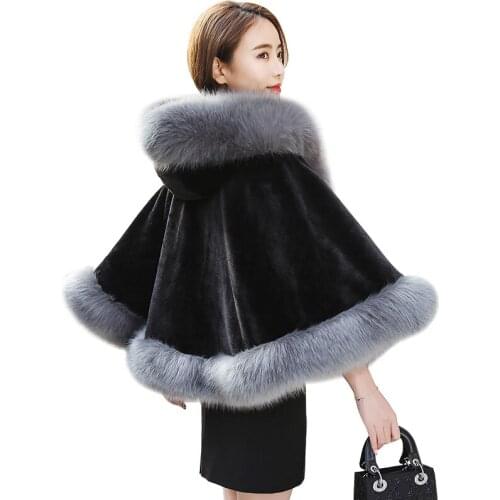 Brieuces 2021winter new woman hooded cape woman Faux fox fur collar imitation rabbit fur shawl coat woman shawl cape winter