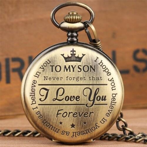 Bronze Customized To My Son Quartz Pocket Watch Vintage Roman Numeral Display Pendant Clock Birthday Gifts for Boys Dropshipping