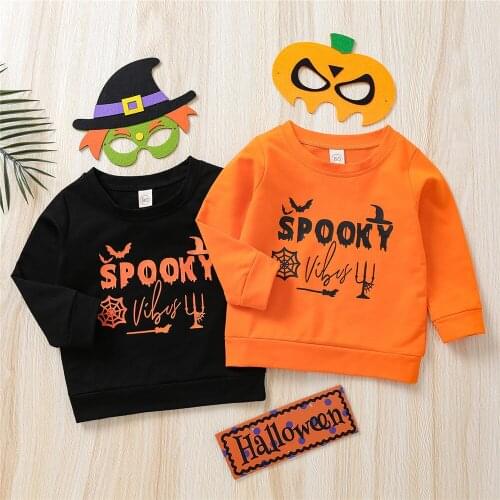 Kids Boys Girls Halloween Sweatshirt Infant Bat Spider Web SPOOKY Letters Print Long Sleeves Pullover Casual Top Autumn Winter