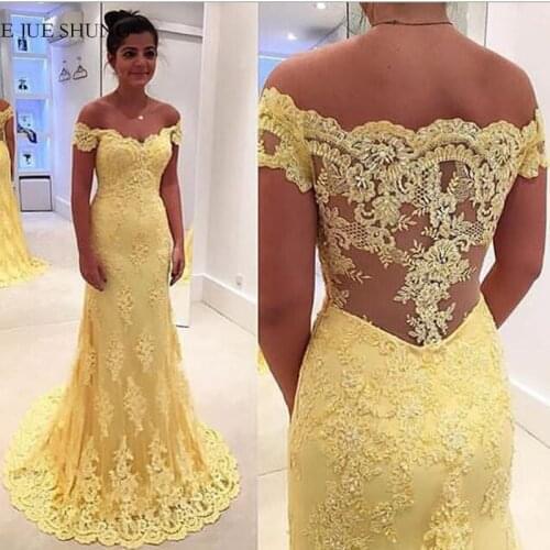 E JUE SHUNG Yellow Lace Appliques Long Evening Dresses 2020 Off The Shoulder Sweetheart Formal Dresses Evening Gowns