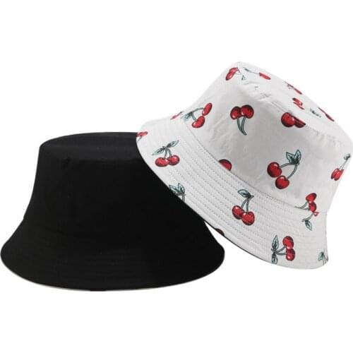 New Fruit Cherry Print Reversible Bucket Hats For Women Men Harajuku Black Two Side Panama Fishing Fisherman Hat Hip Hop Cap
