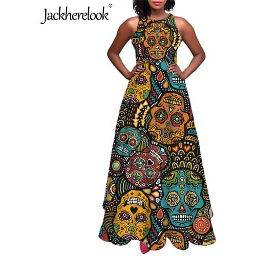 Jackherelook Classic Sugar Skull Brand Design Womens Sleeveless Party Swing Long Dress Fashion Ladies Hight Waist Maxi Dresses