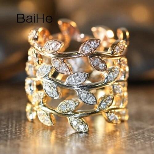 BAIHE Solid 14K White/Yellow/Rose Gold 0.45ct H/SI Natural Diamond ring Women кольцa wedding Band Diamond Ring Women leaf кольцo