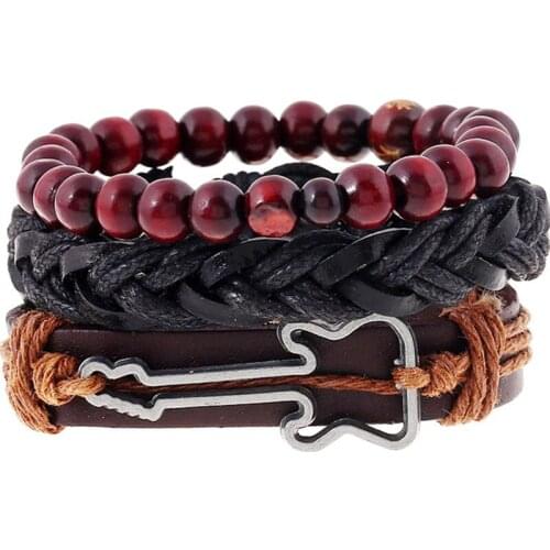 Red Beaded Guitar Women New Brown Vintage Ethnic Casual Handmade Woven Leather Bracelets Men Jewelry Wholesale Accessories