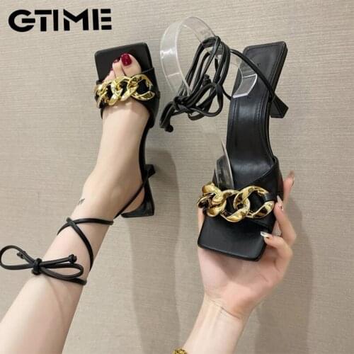Summer Women Sandals Ankle Strap Chain Square Toe Womens Sexy Pumps Ladies Thin Heels Shoes Female Footwear Plus Size#SJPAE-237