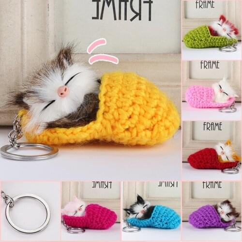 Cute Sleeping Cat Pompom Keychains Women Girls Handmade Woven Slipper Faux Fur Kitten key Rings Fluffy Bag Car Pendants Gift