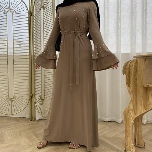 Fashion Diamond Beading Abaya Dubai Arabic Muslim Fashion Hijab Islam Clothing Maxi Dress Womens Vestidos Robe With Belt F2720