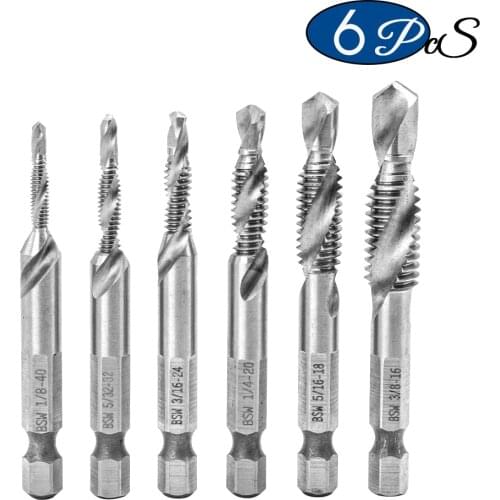 NINDEJIN 6pcs/set BSW thread screw tap drill bits set 1/8'' 5/32" 3/16" 1/4" hex shank hss tap drill bits set for metal wood