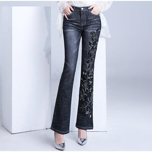 FERZIGE Luxury Trousers Embroidery Flare Pants Female Stretch Slim Fit High Waist Jeans Women Black Casual Pants Plus Size 36