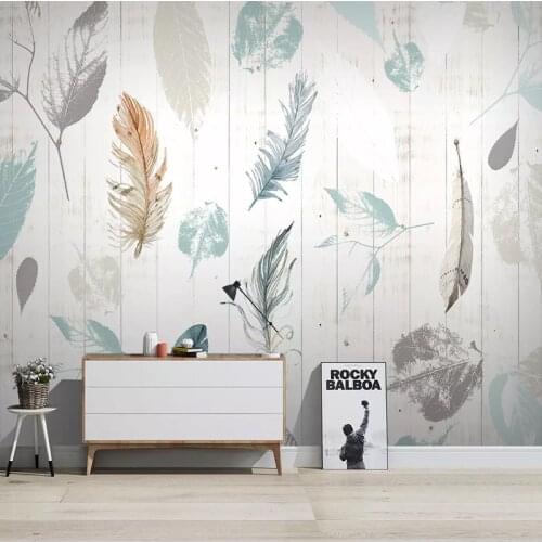 Custom Nordic Leaf Feather Modern Wood Grain Background Wall Cloth Art Wallpaper Bedroom Living Room Sofa Wall Decoration Mural