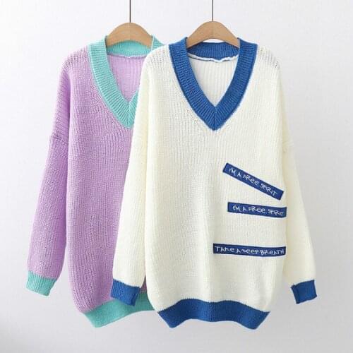 Autumn Winter Women Pullover Korean V-neck Long Sleeve Knitted Sweater Female Embroidered Casual College Style Jumper Top H9478