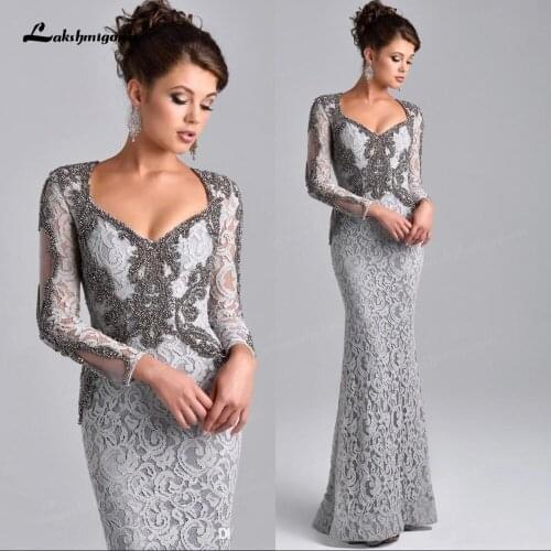Luxury Gray Beaded Lace Mother of Bride Evening Dresses For Wedding 2022 Long Sleeve Mermaid Groom Godmother Dresses vestido de