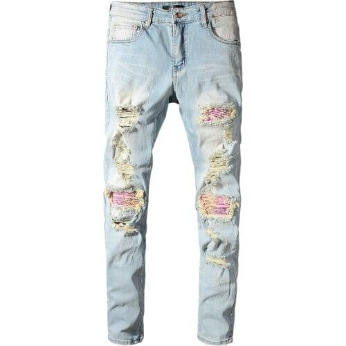 SEVEYFAN 2021 Mens Fashion Broken Hole Biker Jeans Skinny Ripped Patchwork Denim Pants for Male