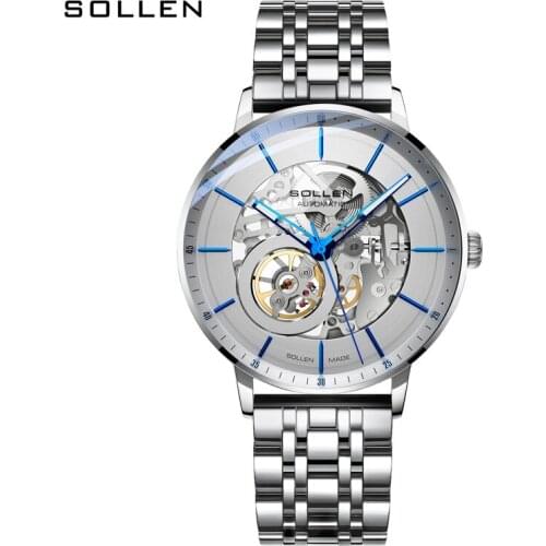 SOLLEN Silver Mens Watches Top Brand Luxury Automatic Mechanical Stainless Fashion Skeleton Waterproof Business Clock