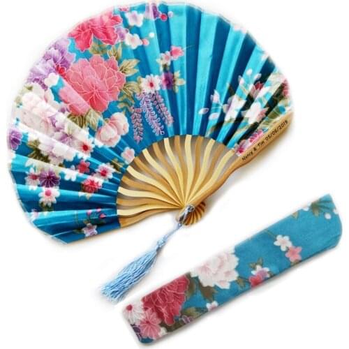 50pcs Flower Wedding Personalized Silk Fan Event Party Favor Gift Cloth Dance Hand Folding Fans +Customized Printing+Bag