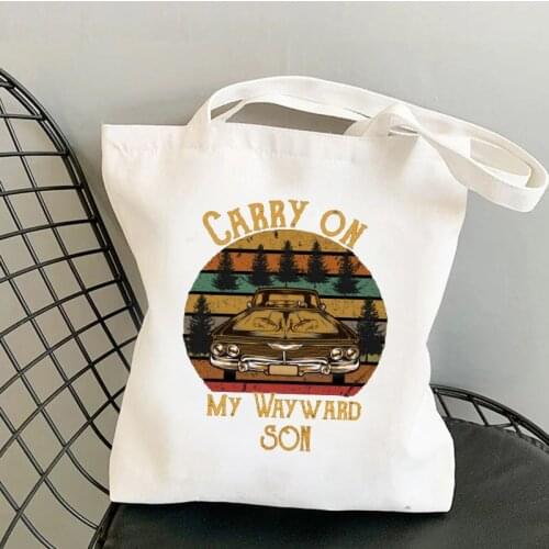 Supernatural Vintage Tote Bag Carry on My Wayward Son Dark Heather Print Reusable Shopping Bag Women Large Folding Tote Eco Bag